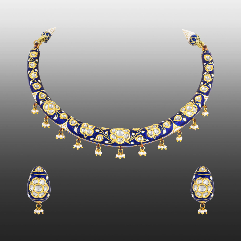 Blue Enamel Hasli Necklace Set with Polki Floral Motifs & Pearls